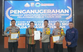 Polresta Palu Terima Penghargaan Kepatuhan Pelayanan Publik dari Ombudsman RI